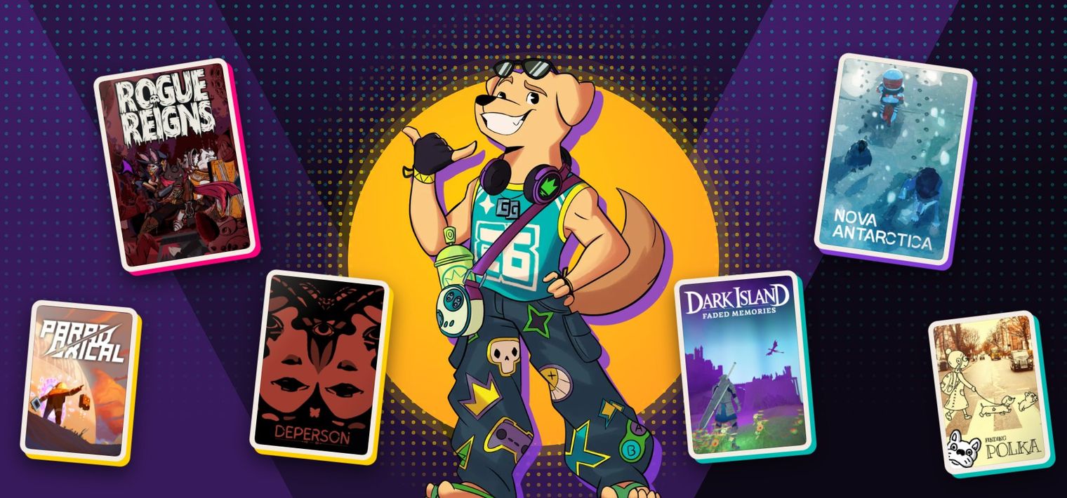 Our mascot, a surfer dog throwing a shaka, surrounded by stickers of games from the showcase