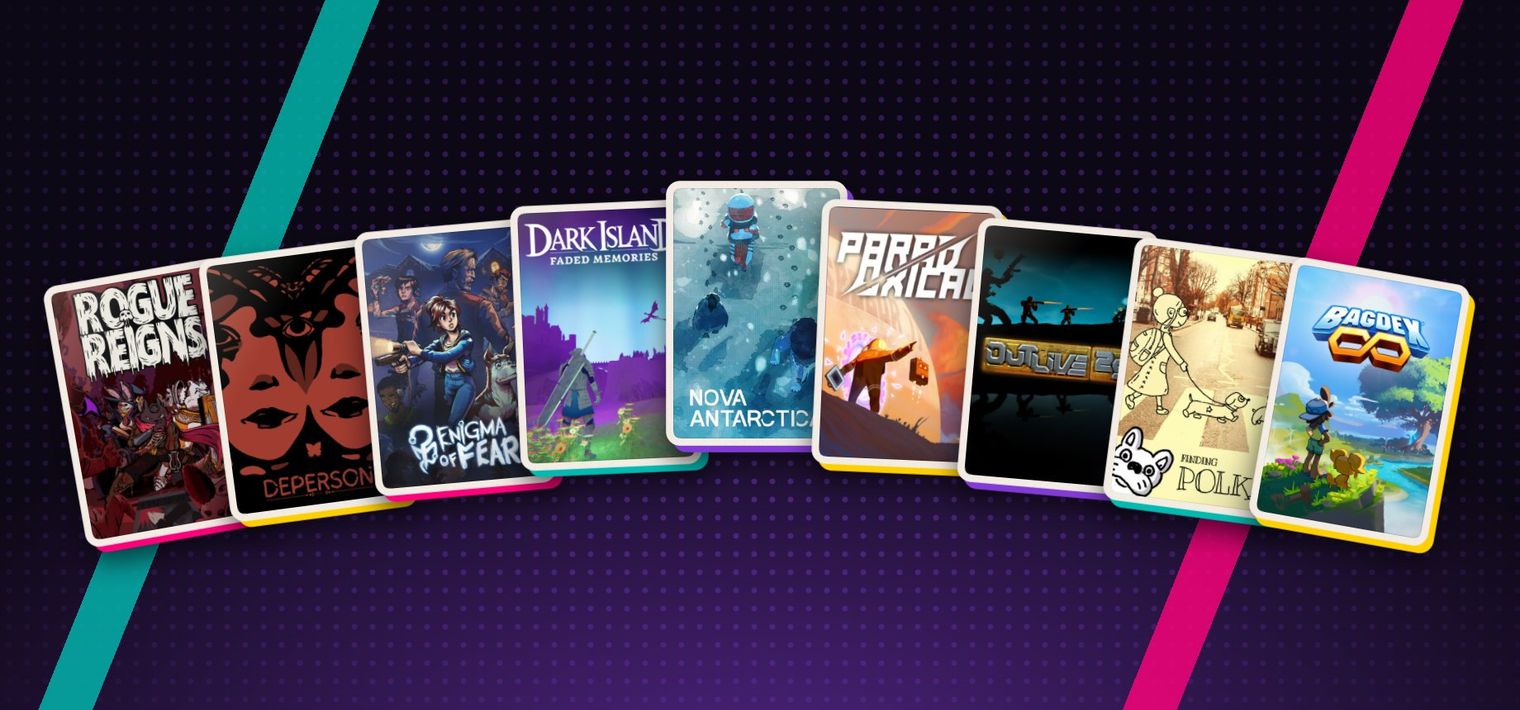 Cover stickers of nine showcase games fanned out, including Rogue Reigns, DEPERSON, Enigma of Fear and Bagdex