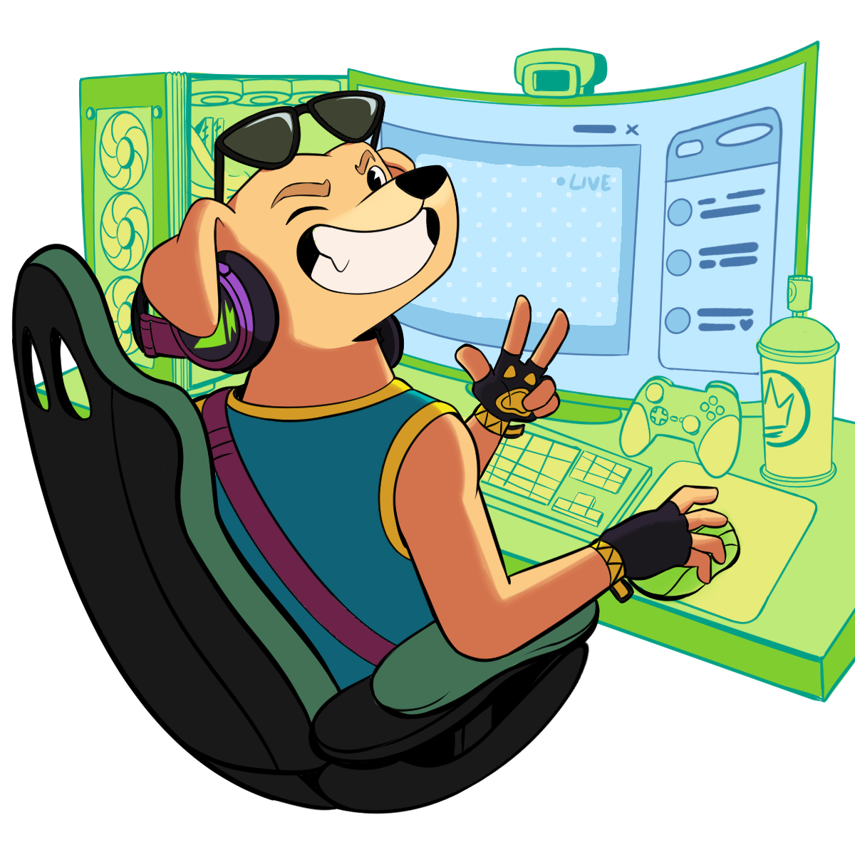 La mascota de COME TO BRASIL haciendo un directo en un escritorio gamer, con auriculares y haciendo el signo de paz
